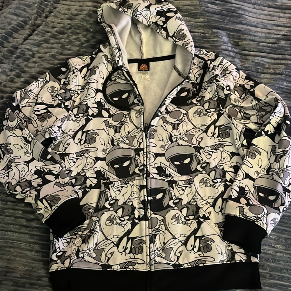 Men’s Sz Lg Loony Tunes Black & White Zip Up Hoodie Soo Cute